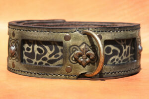 Antique green leather dog collar with leopard handprint