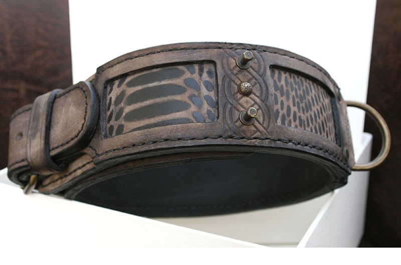 Antique brown dog collar with lion embossing