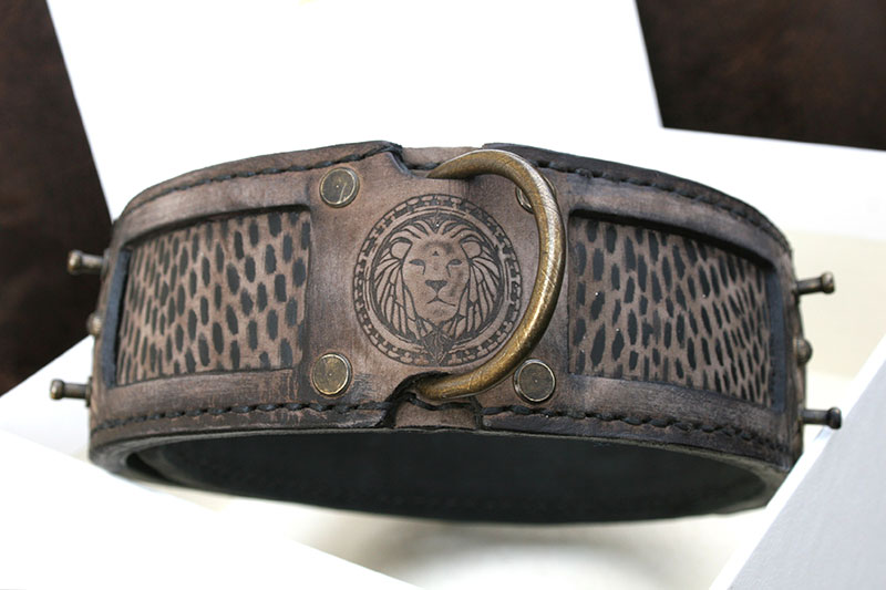 Antique brown dog collar with lion embossing