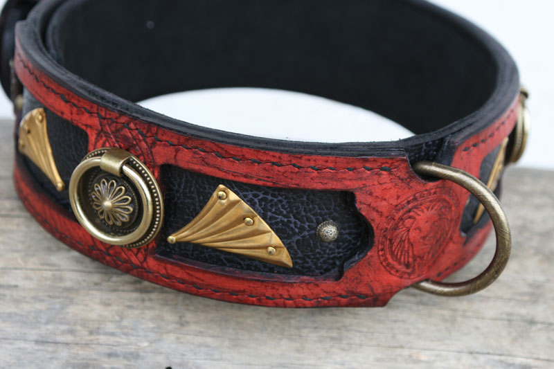 Red handmade leather dog collar Deering