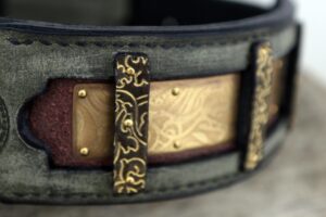 Tara mastiff dog collar detail of embossing in brass and leather hand crafted by Workshop Sauri