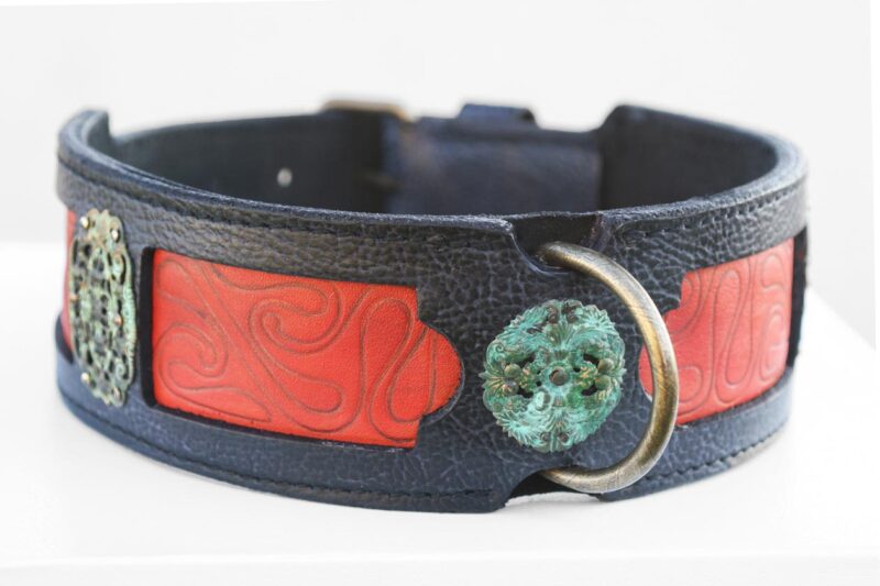 Unique black and red leather dog collar by Workshop Sauri