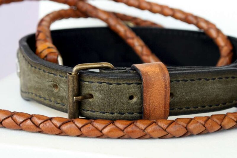 Hand stitched leather dog collar and leash by Workshop Sauri