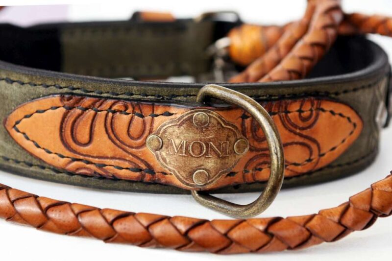 Personalized leather dog collar and leash hand crafted by Workshop Sauri