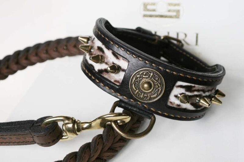 Leather dog collar with spikes and fur by Workshop Sauri