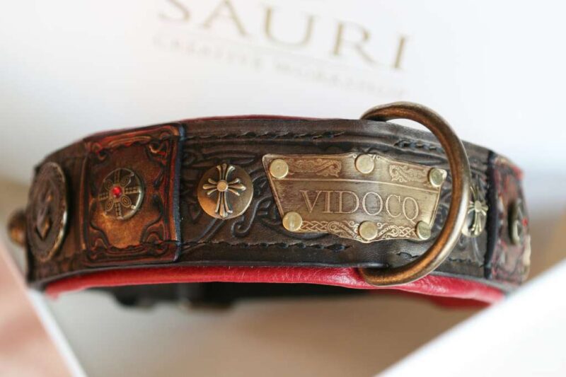 Vidocq - unique brown leather dog collar handmade by Workshop Sauri