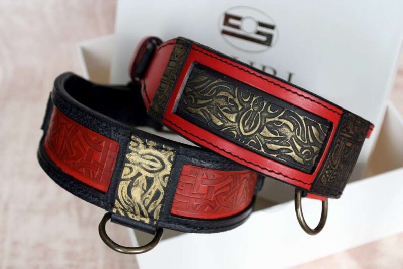 Black and red handmade leather dog collars by Workshop Sauri