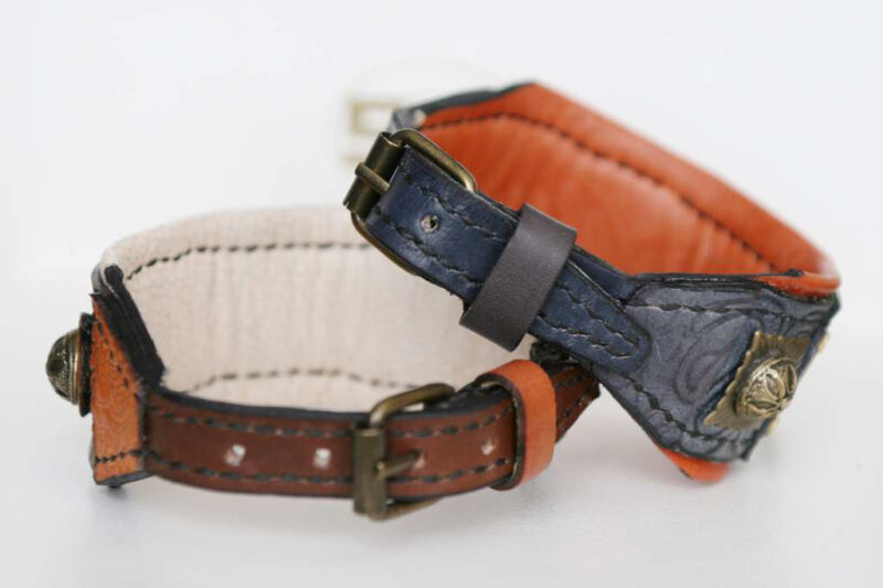 Handmade leather collars with ID tags by Workshop Sauri