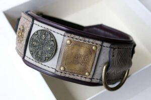 Leather dog collar with nameplate embellishments handmade by Workshop Sauri
