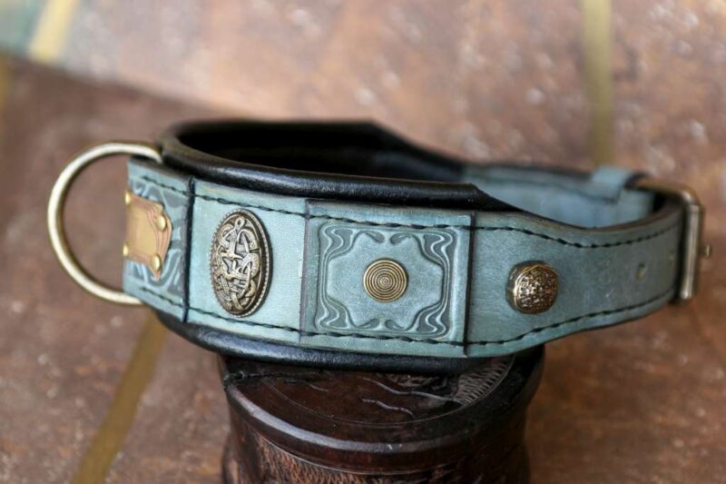 Green leather dog collar Teutonic by Workshop Sauri