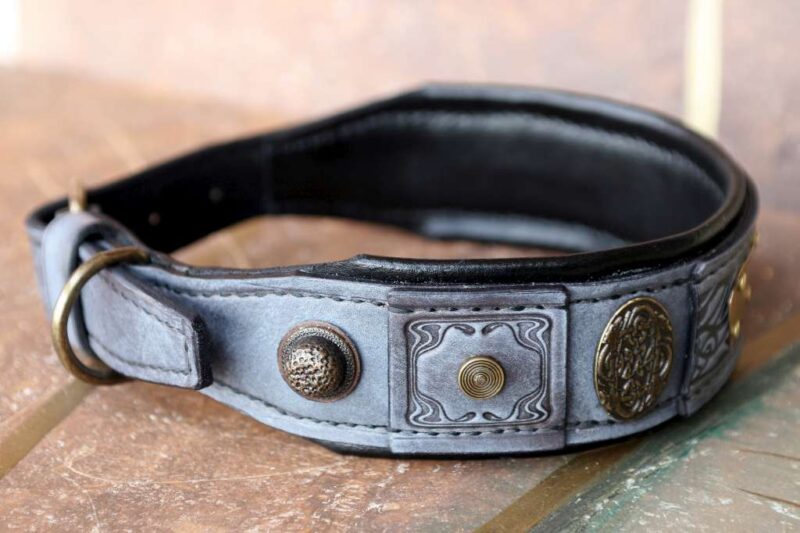 Grey leather dog collar with black cushion by Workshop Sauri