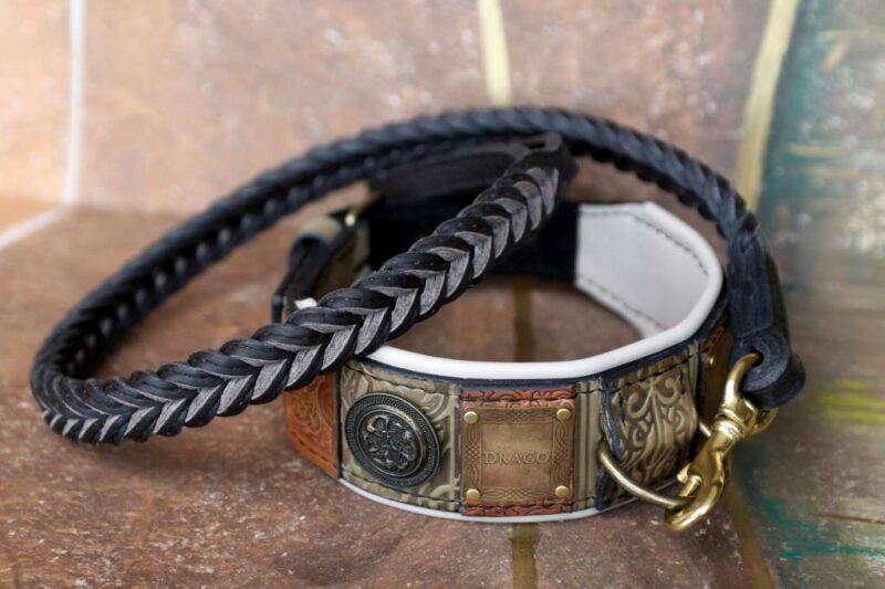 Green personalized dog collar and braided leash by Workshop Sauri