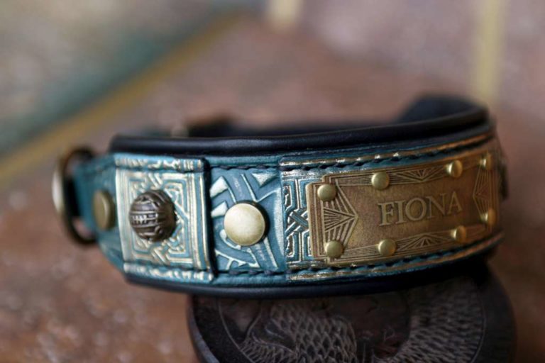 ROARK Black leather dog collar Art deco nameplate Harakhan Kennel