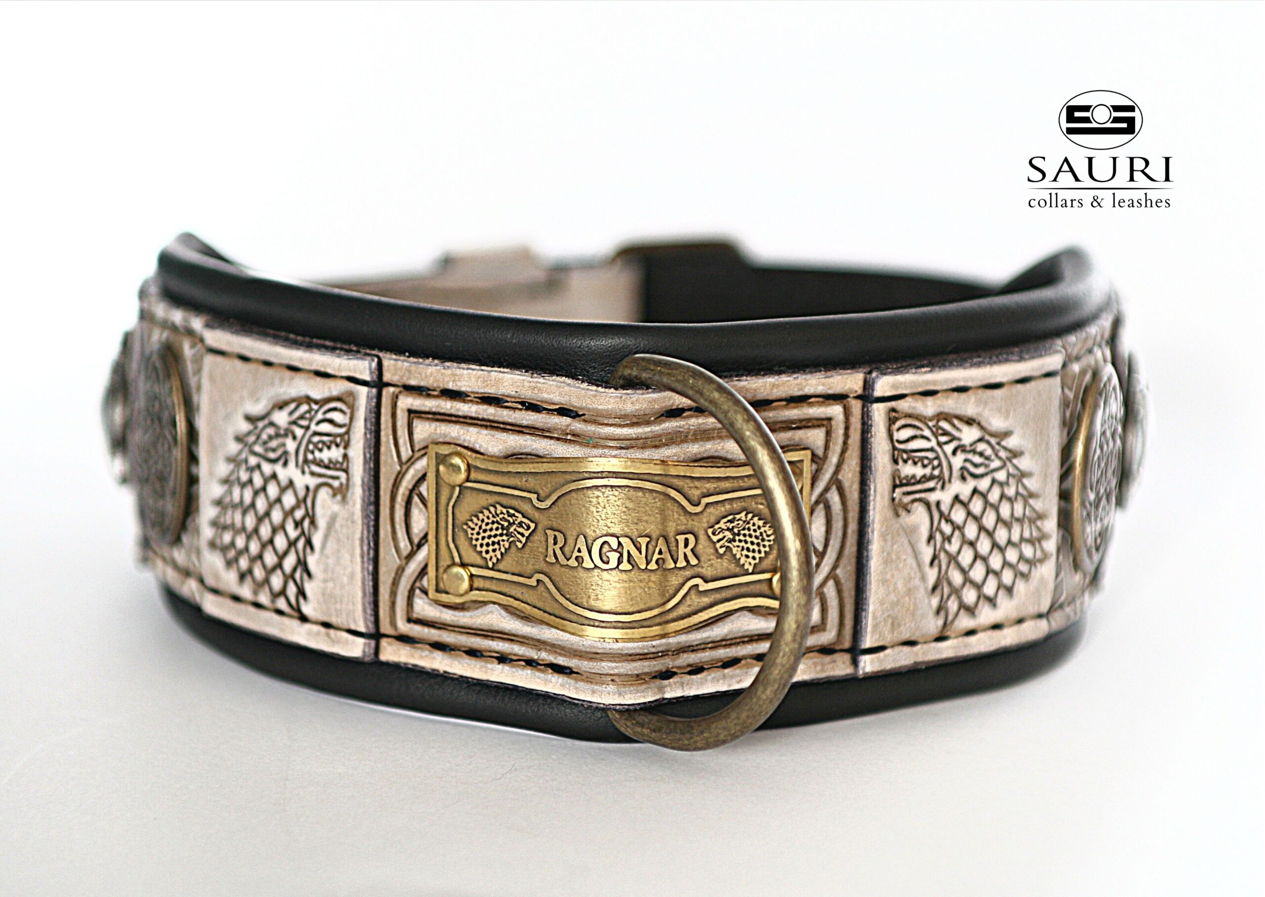 Viking warrior leather dog collar with name RAGNAR by SAURI